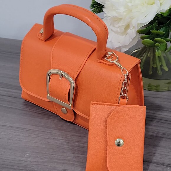 Trendy Orange Handbag Retro Style Buckle Purse w/ Detachable Mini Coin Wallet - Picture 4 of 9